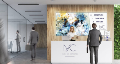 decoration hall accueil entreprise avec un cadre textile mural led